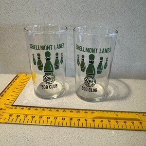 LOT OF 2 VINTAGE BOWLING SHELLMONT LANES 300 DRINKING GLASSES PREOWNED
